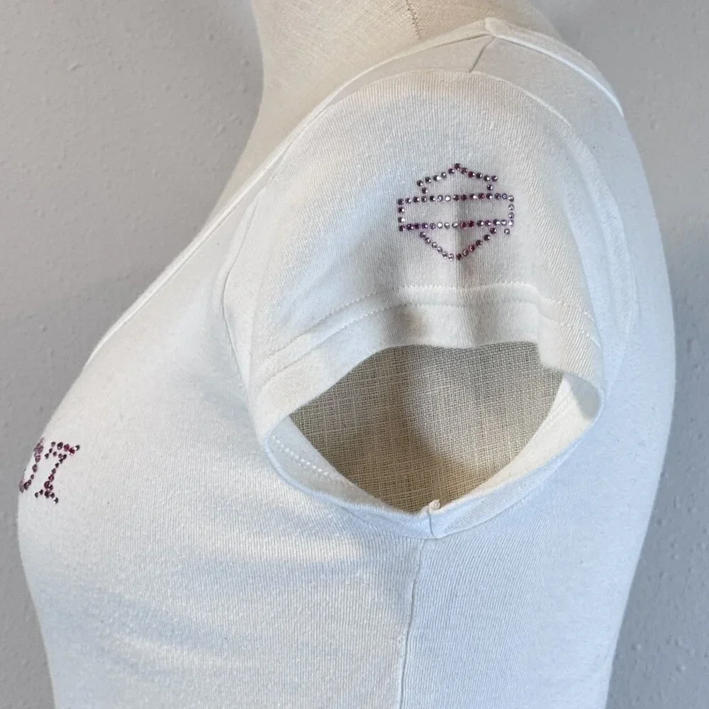 Harley-Davidson Womens White Sturgis 2007 T-Shirt Pink Rhinestone Logo Size S - Picture 3 of 15